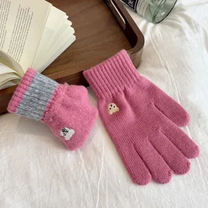 Cute embroidered bear knit gloves, pink fleece-lined touchscreen winter warm mittens.