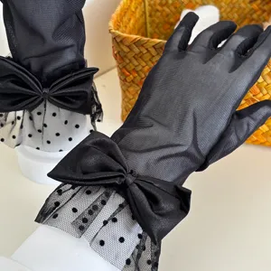 Black mesh polka dot lace gloves with satin bow for summer, weddings and party decor