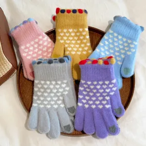 Women Winter Warm Touchscreen Knit Gloves Cute Love Heart Crystal Velvet Thermal Fleece Lined Five Finger Mittens