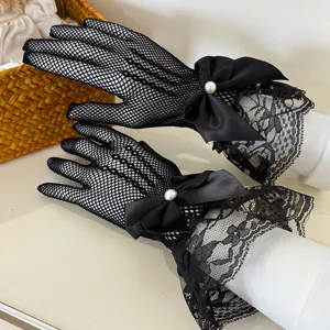 Women Sexy Fishnet Lace Gloves Full Finger Hollow Out Bowknot Pearl Elegant Party Costumes Fashion Glove Accessories