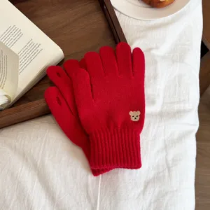 Korean style dopamine solid color knitted touchscreen gloves with cute embroidered bear design