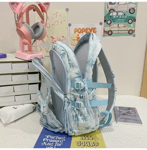 Blue bamboo print student backpack casual large capacity school bookbag multi-pocket
