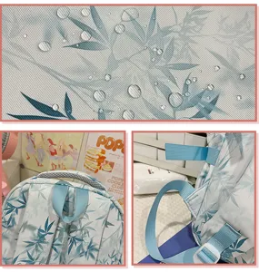 Chinese style bamboo leaf print backpack detail showing waterproof fabric and multi-pocket design
