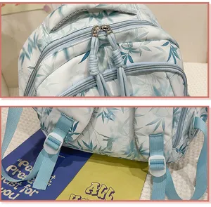 Chinese style bamboo print casual backpack, multi-pocket student school bag for daily use.