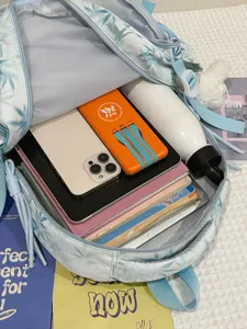 Chinese style bamboo leaf print student backpack, large capacity multi-pocket travel bag.