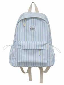 Blue and white striped casual backpack for daily use, large capacity student school bag.