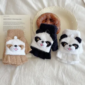 Cute plush half-finger gloves winter warm cartoon animal design soft knitted wrist warmers.