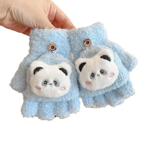 Guantes de peluche con panda tierno de medio dedo abatibles para niños otoño invierno