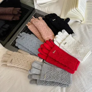 Women winter thick knitted touchscreen gloves set fashion hollow five finger warm gloves