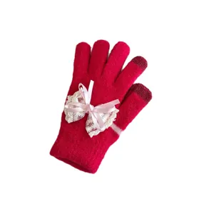 Women winter warm touch screen knit gloves with cute lace bow, thick full finger design.