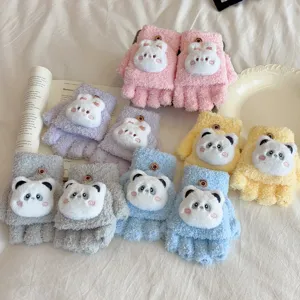 Guantes de felpa de medio dedo con bonitos diseños de panda y conejo para el invierno.