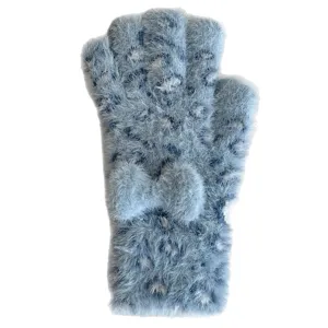 Women winter warm half finger plush leopard print gloves bow cute soft fuzzy mittens