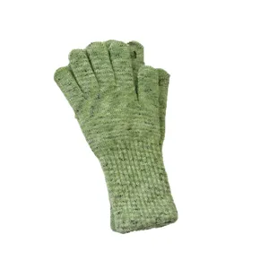 Close-up detail of women's green knit winter touchscreen gloves showing fine texture.