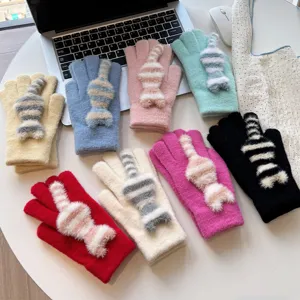 Women winter warm knit gloves cute striped cat tail design thick fleece thermal cold proof