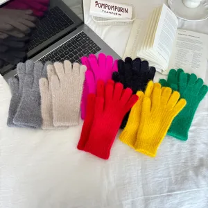 Women's winter plush rabbit hair touchscreen gloves solid color warm knitted five finger gloves