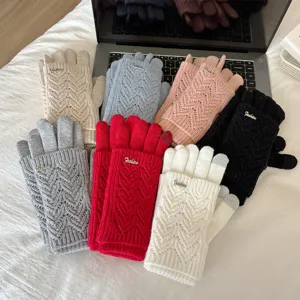 Women winter warm knitted touch screen gloves thick woolen fashion hollow five finger gloves