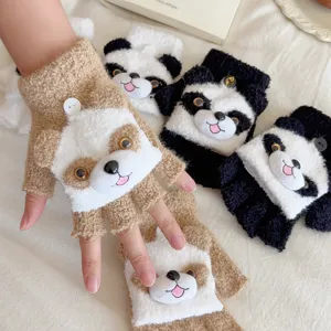 Fluffy half-finger gloves for kids, cute plush animal winter warm gloves detail view.