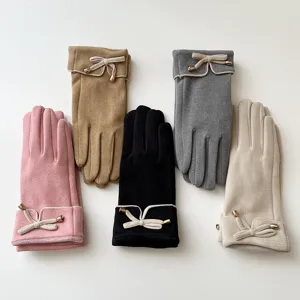 Women's thermal fleece touch screen gloves with cute bow cuff design for winter outdoor.