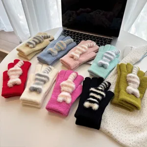 Cute knit winter gloves for women with fluffy cat decor, thick touchscreen warm mittens.