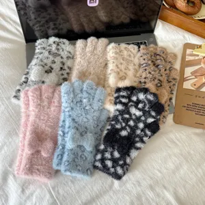 Women winter cute fuzzy leopard print half finger gloves with bow plush warm touch screen mittens