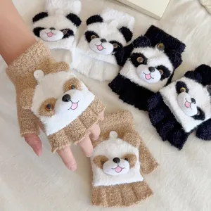 Cute plush animal half finger gloves detail shot, warm winter knitwear design with cartoon bear.