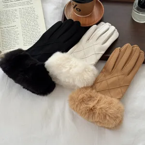 Women winter warm suede gloves with plush cuffs and quilted design for cold weather.