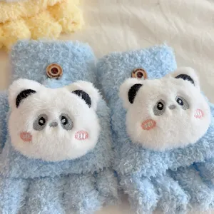 Guantes de invierno de felpa panda lindo medio dedo abatible detalle, tela azul esponjosa suave