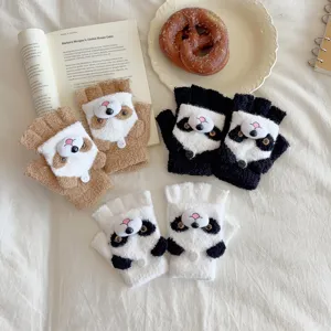 Plush half-finger gloves for kids, winter warm thick cartoon animal cute mittens for daily wear.