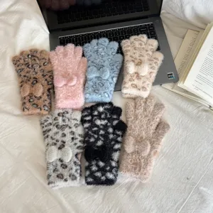 Cozy winter plush fingerless gloves with cute leopard print and sweet bow design for women warmth.