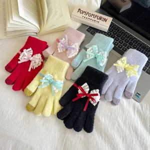 Women winter warm touch screen gloves cute lace bow thick knit touchscreen mittens multi-color