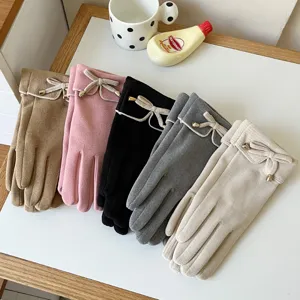 Women's winter warm touchscreen gloves with cute bow, thick fleece lined for cold weather.