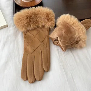 Womens brown faux suede gloves with plush fur cuffs and quilted design for winter warmth.