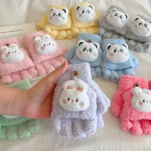 Guantes de felpa de medio dedo con animales de dibujos animados, gruesos y cálidos para invierno.