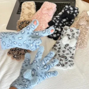 Women fluffy leopard print touch screen half finger gloves winter warm plush bow gloves