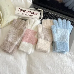 Damen Winter Warm Kunstnerzfell Handschuhe Wellenmuster Fingerlos Touchscreen Strickfäustlinge Tägliche Outdoor Handwärmer