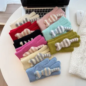 Cute cat tail knitted gloves winter warm thick touch screen sweet fashion women gloves.