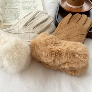 Women faux suede warm winter gloves with plush cuff, touchscreen design, detailed view.