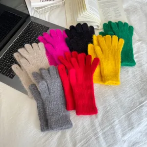 Women thick rabbit hair gloves winter warm solid color five finger dopamine knitwear