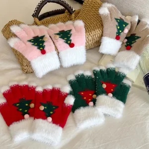 Christmas tree knitted warm gloves thick plush winter holiday gift multi-color set