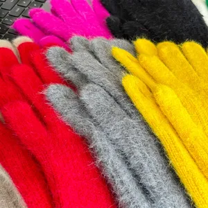 Colorful fuzzy winter gloves for women, thick warm rabbit hair five-finger solid color design.