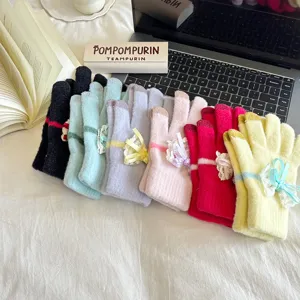 Women winter touch screen knit gloves with cute lace bow, thick warm thermal full finger warm