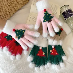 Cozy Christmas tree knit gloves with plush cuffs for winter warmth and comfortable wear.