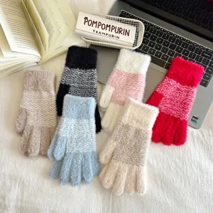 Damen süße flauschige Winter halbe Finger Handschuhe warme Fleece Strick Handschuhe Set