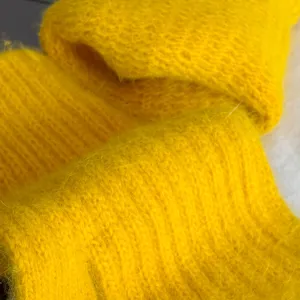 Close up view of fluffy yellow winter warm knit fabric texture detail, soft and cozy.