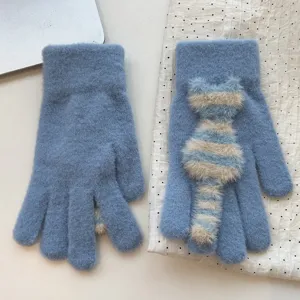 Cute striped cat warm gloves for women winter thermal thick touch screen fashion student style