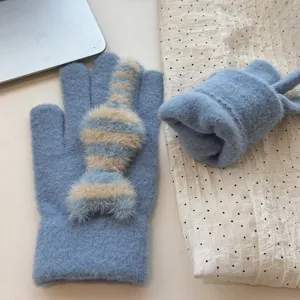 Winter warm knitted gloves for women cute striped cat design thick fleece cold-proof blue mittens