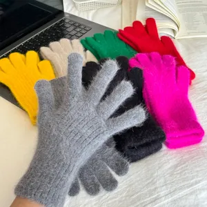 Women's fuzzy winter rabbit hair gloves thick warm solid color knit touchscreen gloves detail view