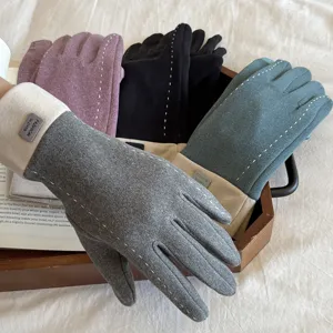 Women's autumn winter fleece lined touch screen gloves colorblock windproof warm