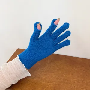 Winter warm touchscreen knit gloves for women, blue fingerless design for outdoor use.