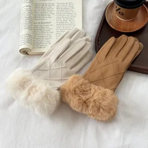 Women winter warm suede gloves with plush faux fur cuff, windproof touch screen thermal mittens.